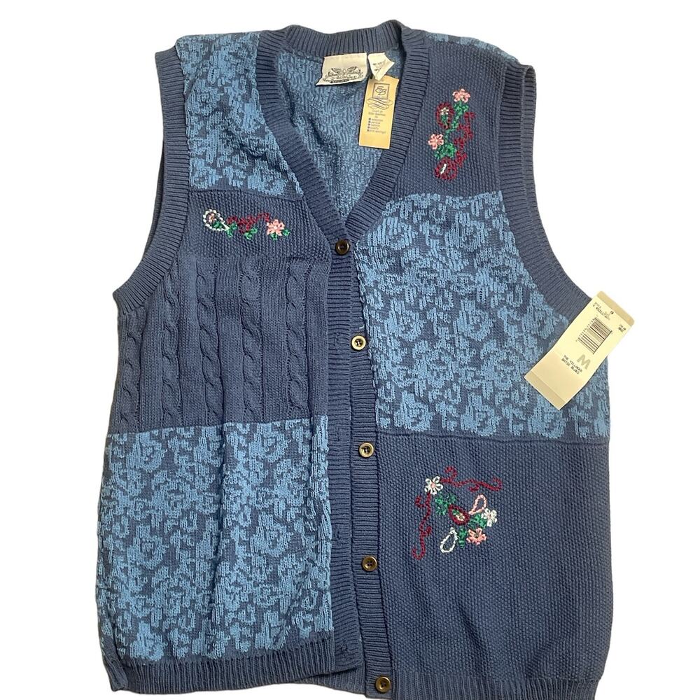 Vintage The Villager Sport Batik‎ Blues Embroidered Vest Sweater Size Medium